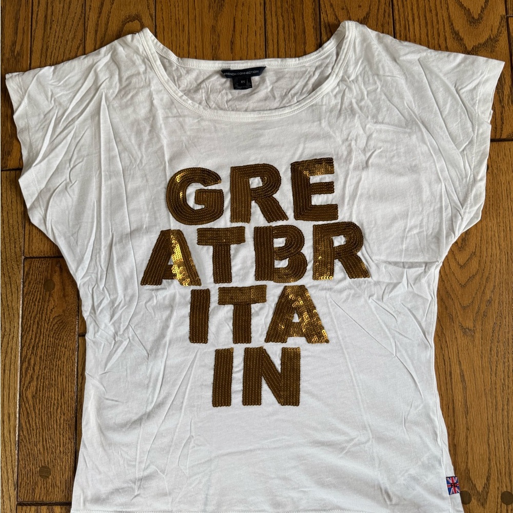 French Connection White Top with Gold Sequin Lettering
